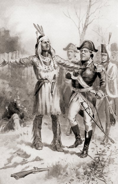 Tecumseh rimprovera il generale Proctor per la ritirata durante la Battaglia del Tamigi, alias la Battaglia di Moraviantown, che faceva parte della Guerra del 1812, da La Storia del Nostro Paese, pubblicato nel 1905 da J. Steeple Davis